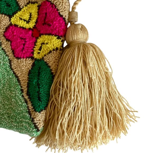 Wapa Handmade Looped Yarn Tapestry Bag Bright Floral Cacutus Bird Motif Tassels - Picture 5 of 8